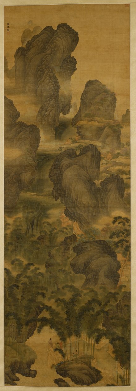 Montanhas de Torre e Cascatas Fantásticas, c.1600 (tinta e cor sobre seda) de Chenglong Zhang