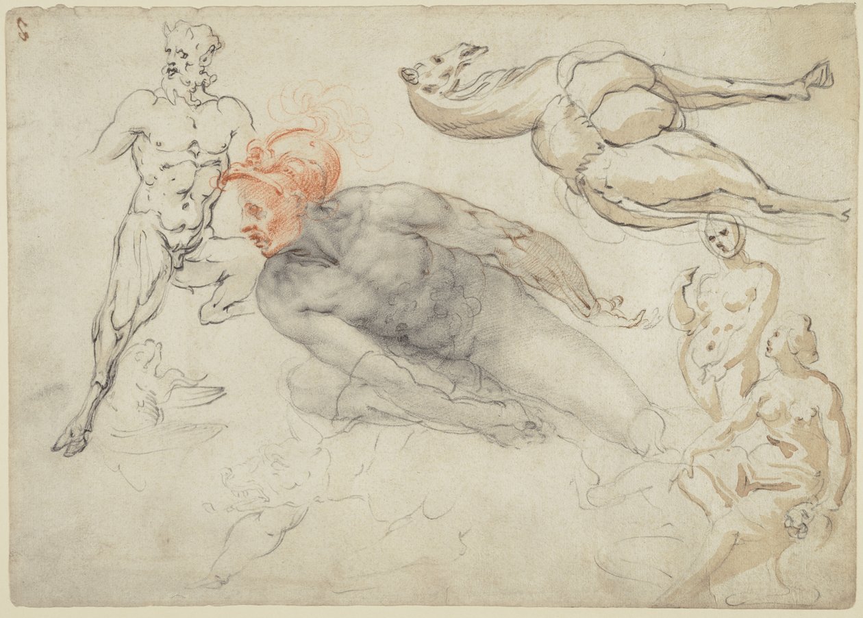 Estudos de nus masculinos e femininos, de um sátiro e de um camelo (anverso); estátua de Marco Aurélio (verso) de Cherubino Alberti