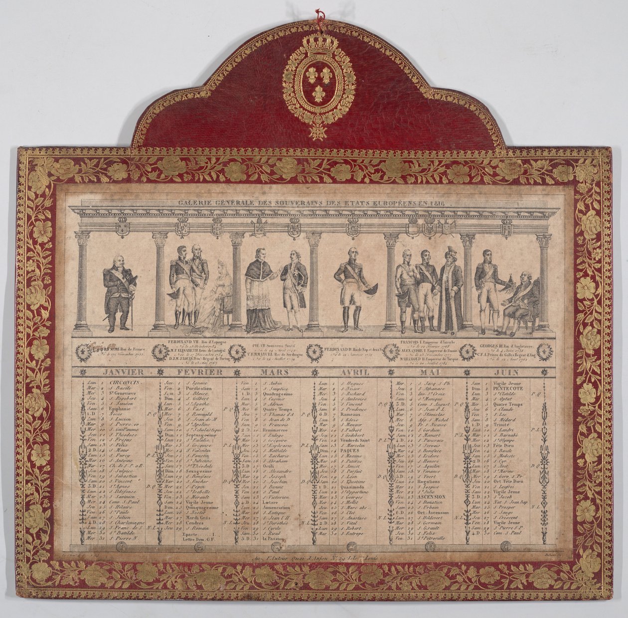 Calendário francês para o ano de 1816 Galeria Geral dos Soberanos dos Estados Europeus, 1816 de Chevalier Henry Guillot