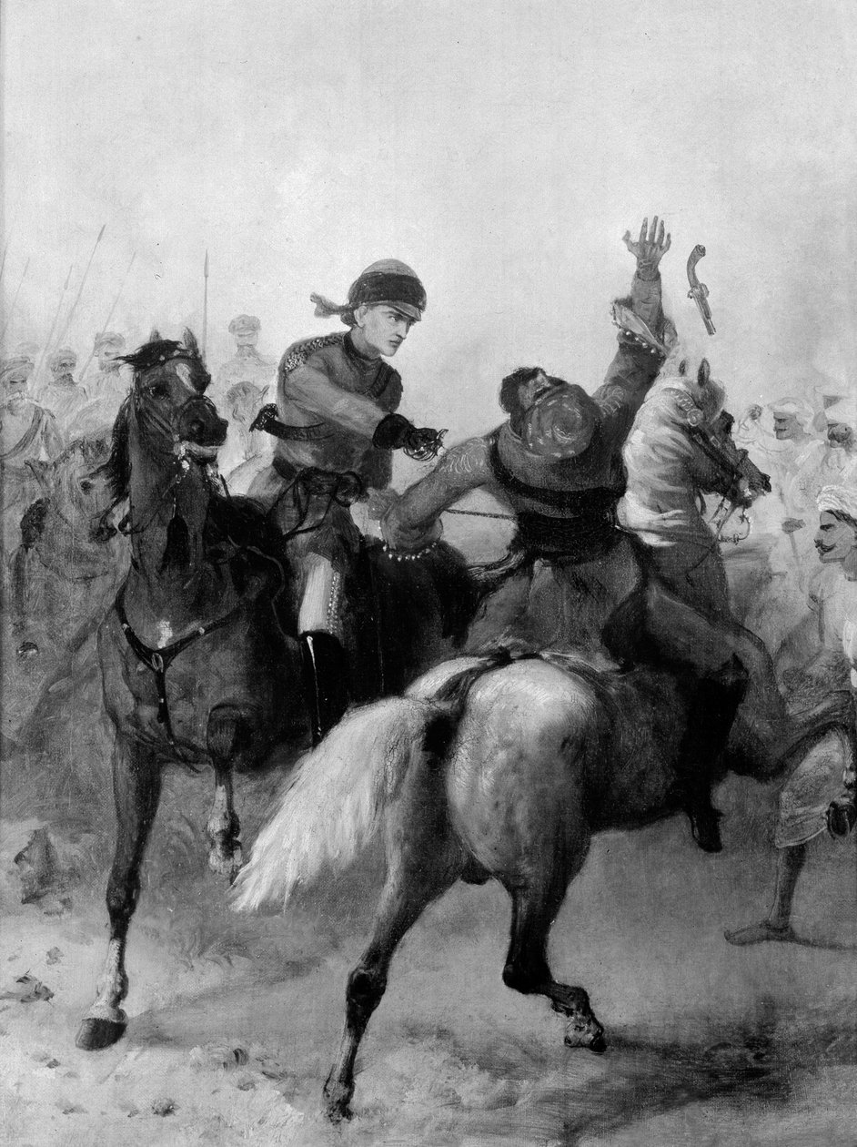 Tenente John Watson da 1ª Cavalaria do Punjab vencendo a Cruz da Vitória em Lucknow durante o Motim Indiano em 14 de novembro de 1857 de Chevalier Louis William Desanges