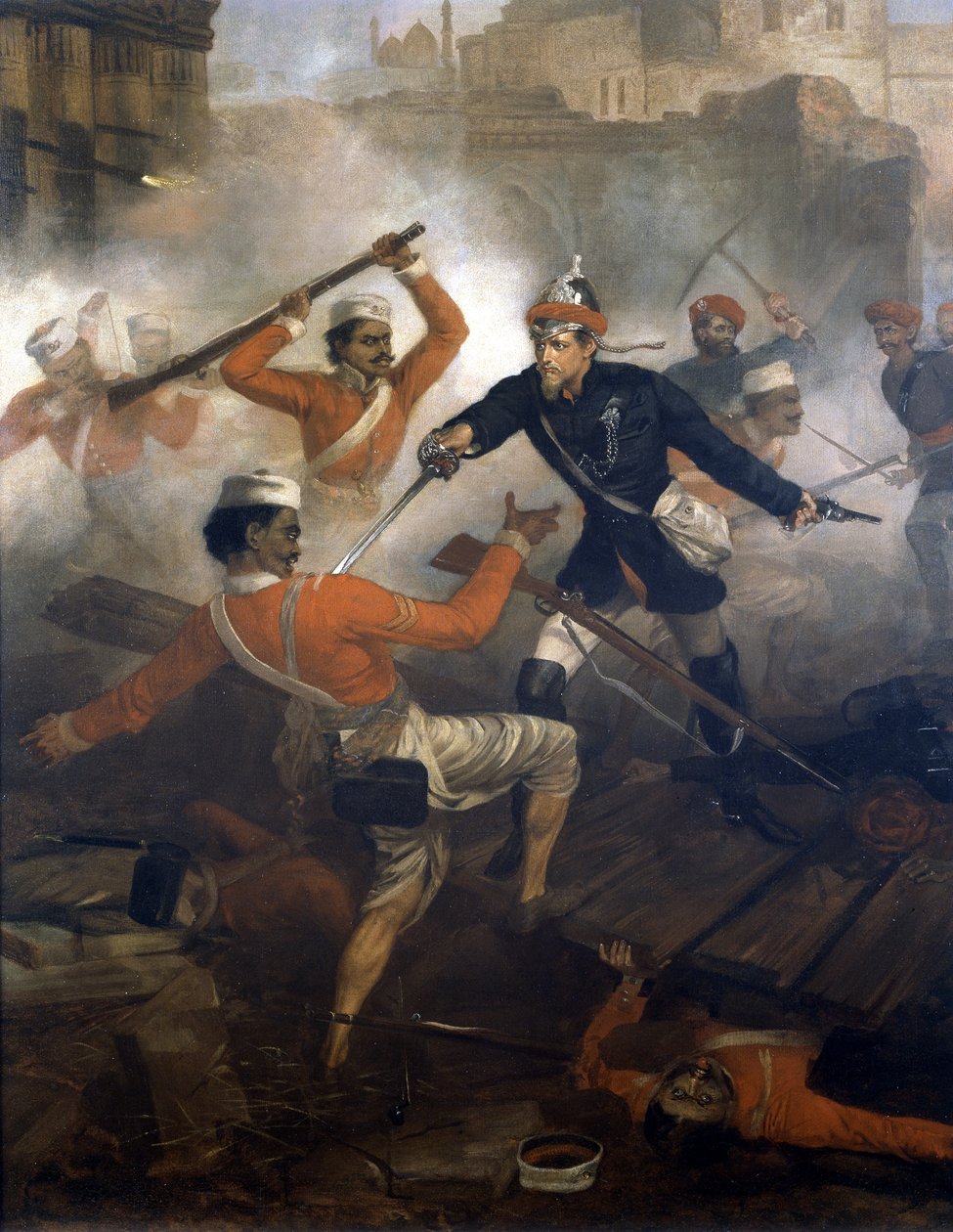 Tenente William Alexander Kerr (1832-1919) a ganhar a Cruz de Vitória durante o motim indiano, Julho de 1857, c.1860 (óleo sobre tela) de Chevalier Louis William Desanges
