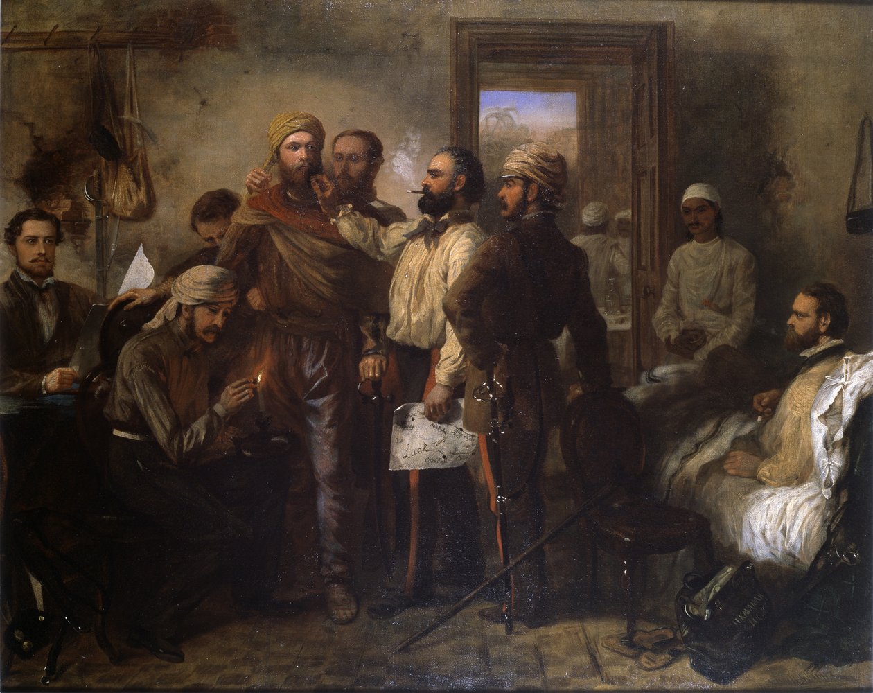 Thomas Henry Kavanagh VC (1821-82) sendo disfarçado como um nativo durante o motim indiano no cerco de Lucknow, 9 de novembro de 1857, c.1860 de Chevalier Louis William Desanges