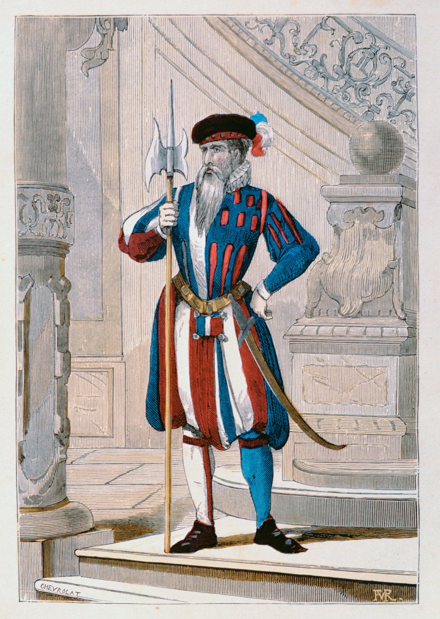Guarda suíça do rei de 1586, ilustração de "Trajes civis e militares franceses através dos séculos" por Augustin Challamel, 1881 de Chevrolat