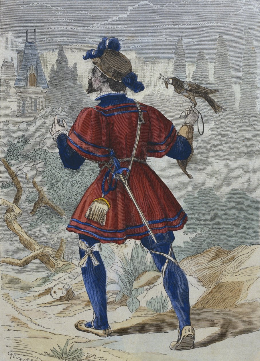 Falconer na casa de François Ier no século XVI, ilustração de &39;Trajes de Paris a les les siecles&39; por H. Gourdon de Genouillac (gravura a cores) de Chevrolat