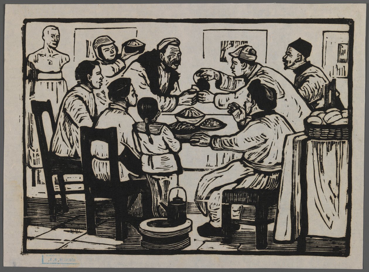 Vamos tomar uma bebida para comemorar a véspera de ano novo, c.1945 (xilogravura) de Chi Kwei Sung