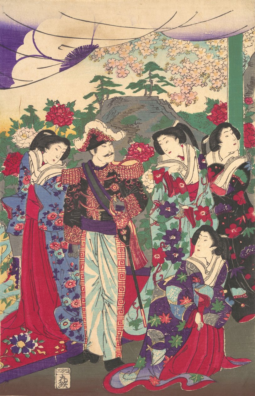 Imperador entre as damas da corte, ca. 1880., c. 1880. de Chikanobu Yoshu