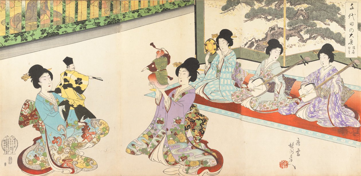 Damas de espera do Castelo de Chiyoda: prática de espada e fantoche Kyogen, 1895., 1895. de Chikanobu Yoshu