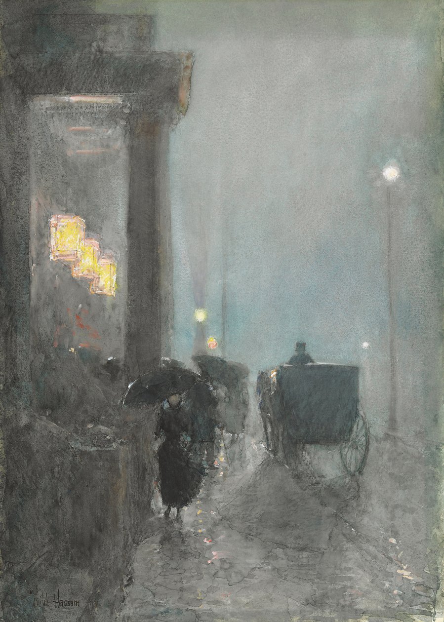 Quinta Avenida, Noite, c.1890-93 (aquarela, guache e pastel sobre papel) de Childe Frederick Hassam