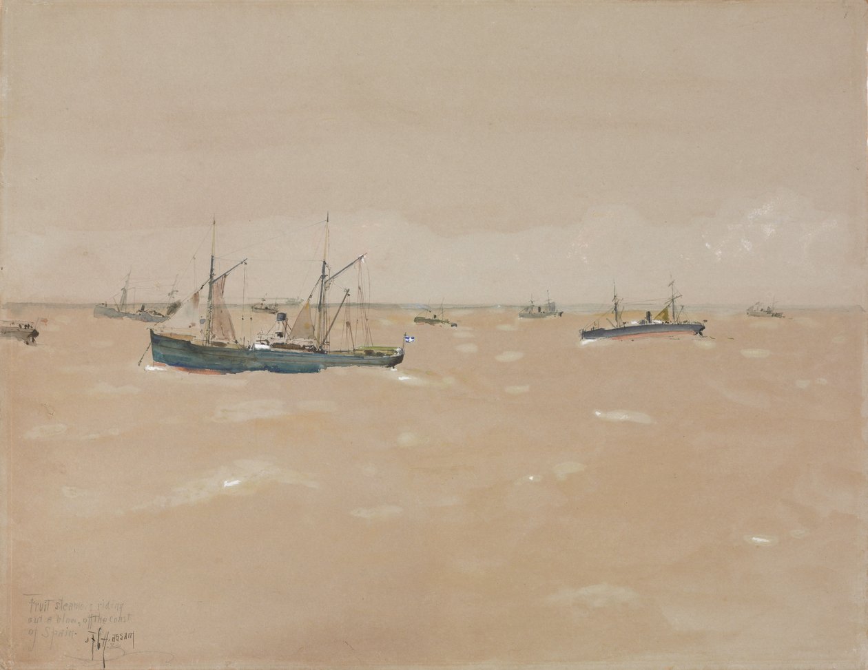 Vaporizadores de fruta a dar um sopro, ao largo da costa de Espanha de Childe Frederick Hassam