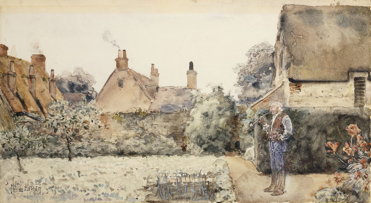 No Jardim, c.1889 (aguarela, branco chinês e lápis sobre papel colocado a bordo) de Childe Frederick Hassam
