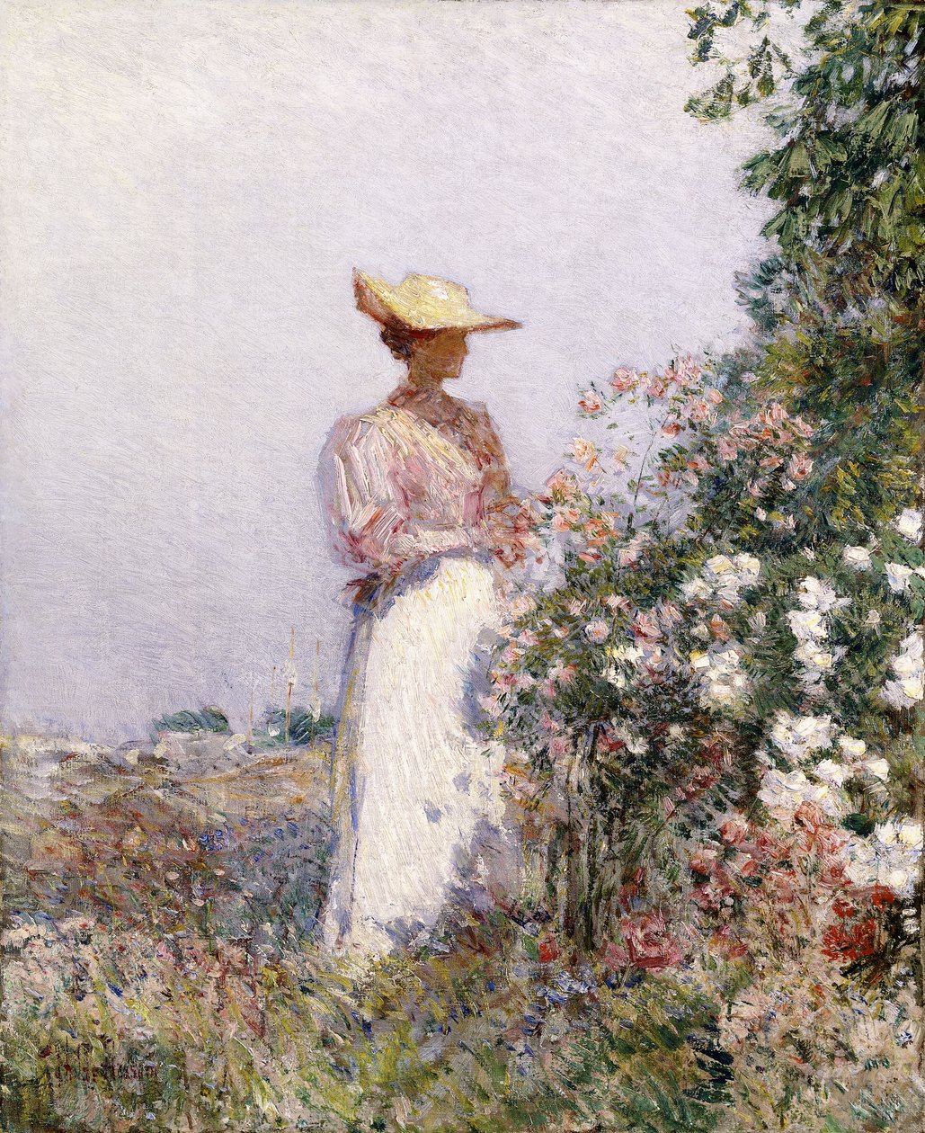 Senhora no jardim de flores de Childe Frederick Hassam