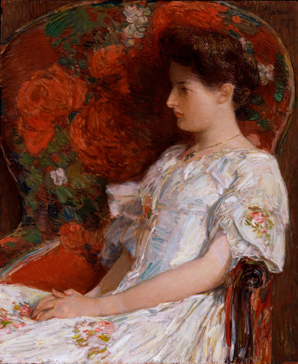"Le fauteuil victorien" (A cadeira vitoriana) Peinture de Childe Hassam (1859-1935) Dim 76,2x63,5 cm Óleo sobre tela 1906 Museu Nacional do Smithsonian de Childe Frederick Hassam