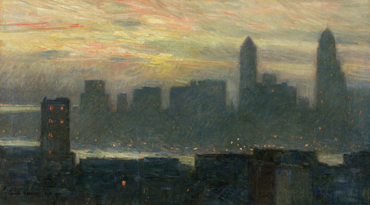 O pôr do sol enevoado de Manhattan de Childe Frederick Hassam
