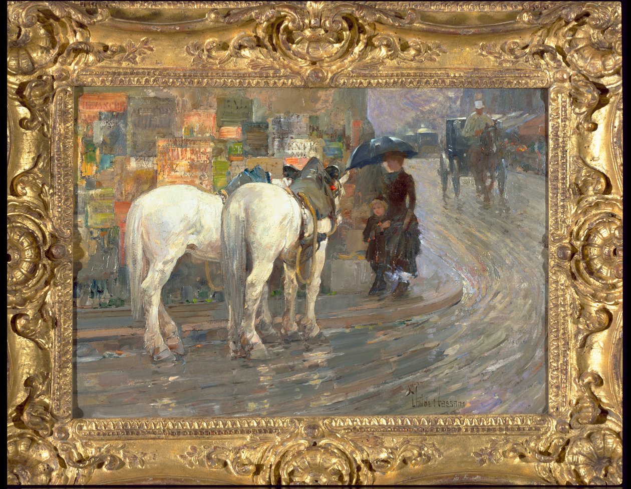 Paris Street Scene, c.1889 (óleo sobre caixa de cartão) de Childe Frederick Hassam
