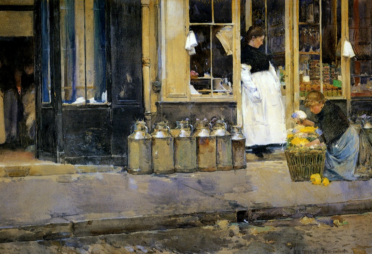 The Milk Churns, c.1888 (aguarela sobre papel) de Childe Frederick Hassam