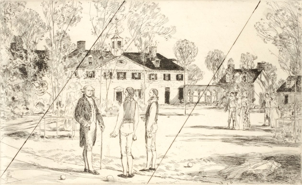 Washington em Mount Vernon (gravura cancelada da coleção «The Bicentennial Pageant of George Washington») de Childe Hassam