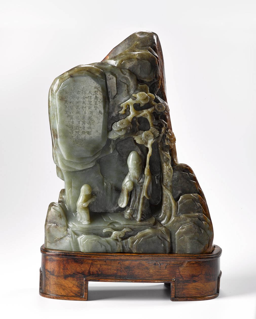 Porta-escovas em forma de paisagem montanhosa, contendo a figura de Lao-Zi, o fundador do taoísmo, dinastia Qing (jade esculpido) de Chinese School
