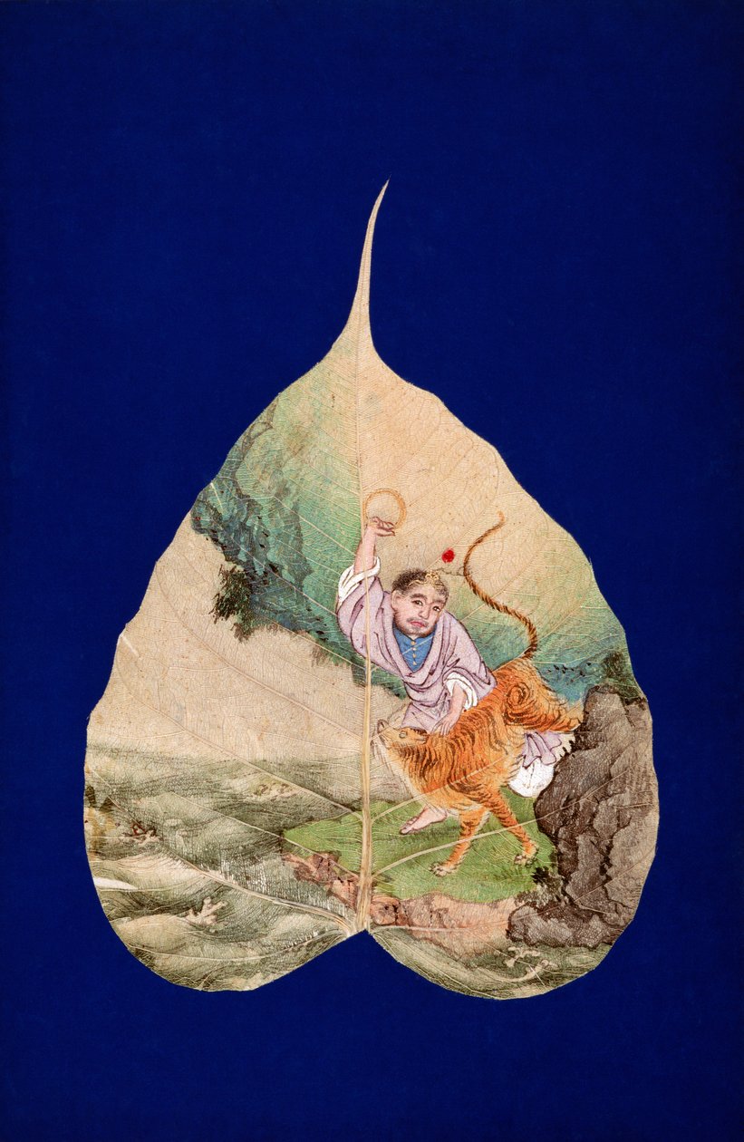 CBL C 1410 Bhadra com um tigre (caneta e tinta e cores numa folha de Bodhi sagrada) de Chinese School
