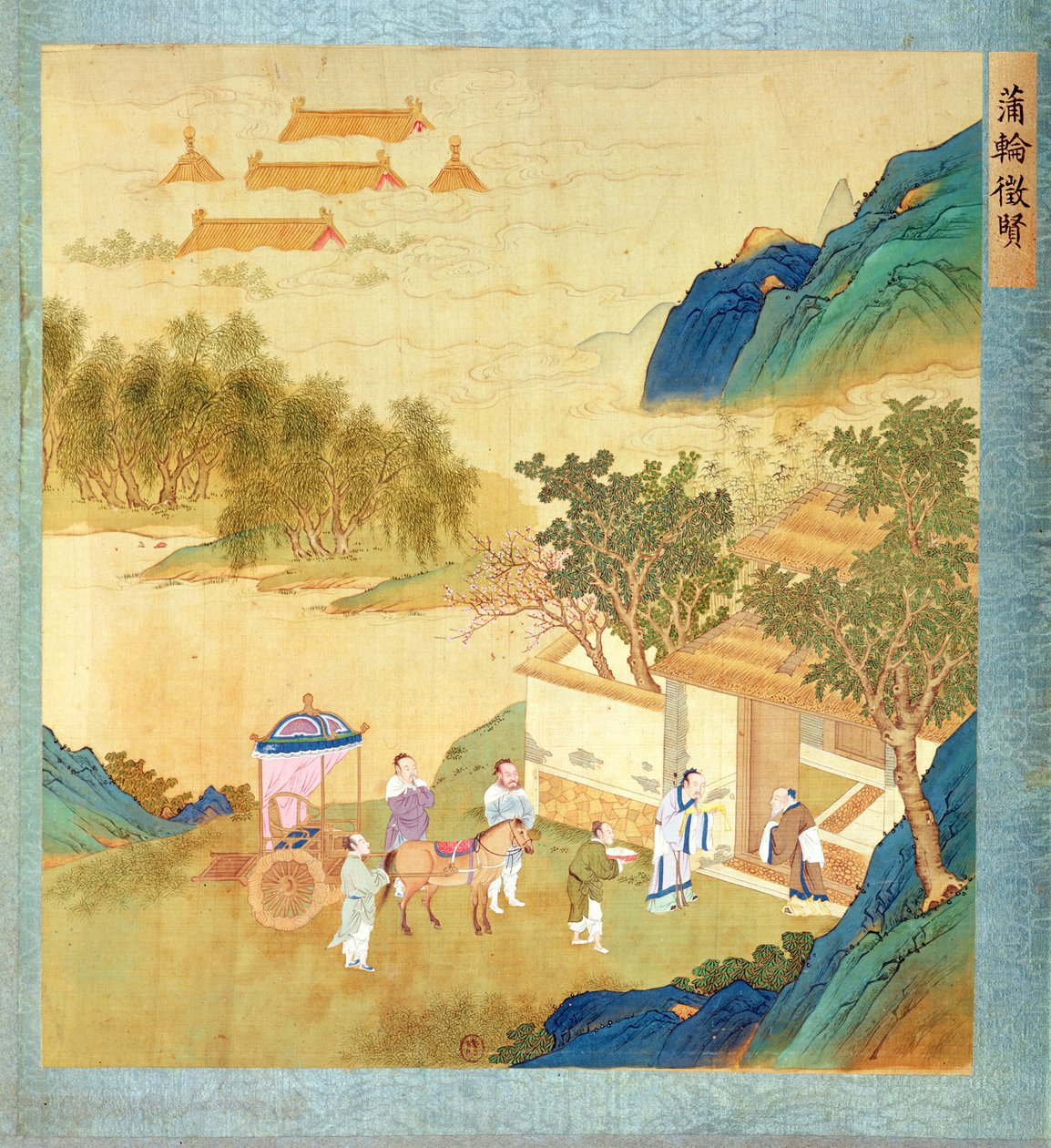 Imperador Wu Ti (156-87 aC, r. 141-87 aC) acolhe um homem de letras, de uma história de imperadores chineses (cor de seda) de Chinese School