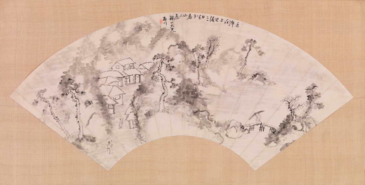 Ventilador representando uma paisagem, c.1600 (tinta no papel) de Chinese School
