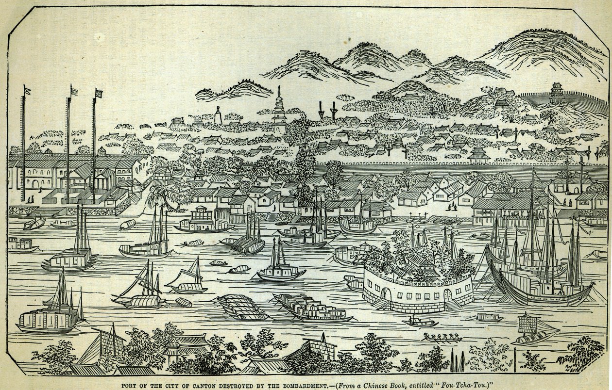 Porto da cidade de Cantão, destruído pelo bombardeio, ilustração chinesa impressa em &39;The Illustrated London News&39;, 1858 de Chinese School