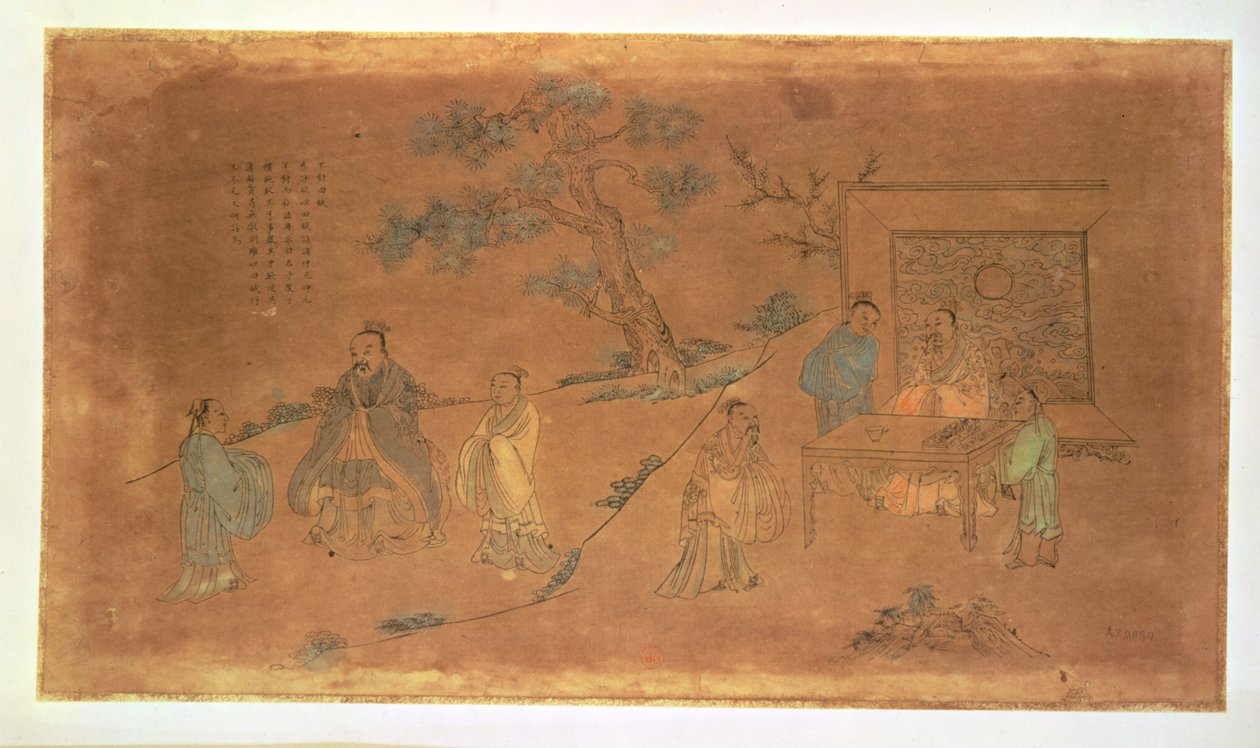 Cena da vida de Confúcio (c.551-479 aC) e seus discípulos, Dinastia Qing (1644-1912) (tinta, wc e sépia no papel) de Chinese School