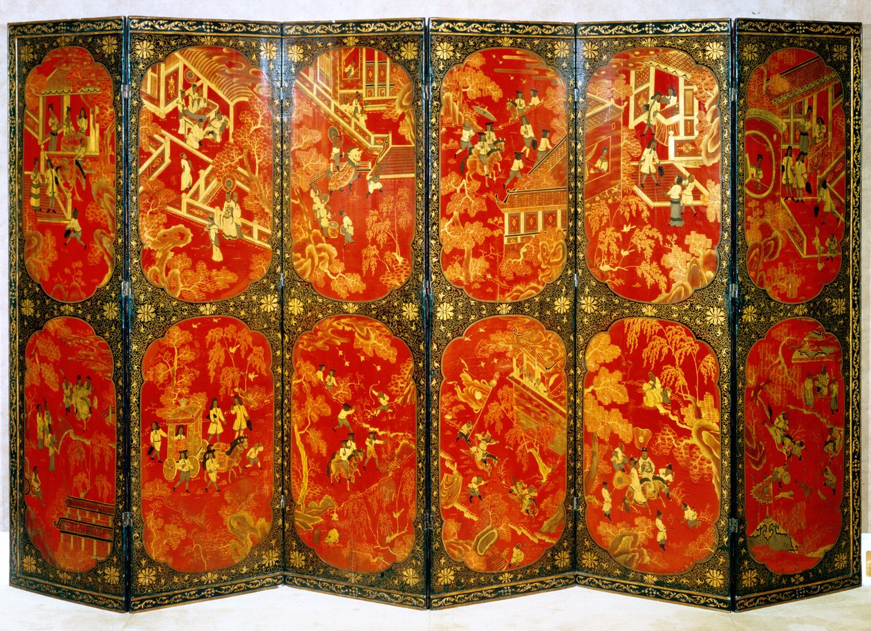 Tela sextuada representando figuras européias em painéis de vermelho com bordas pretas, c.1720 (madeira laqueada) de Chinese School