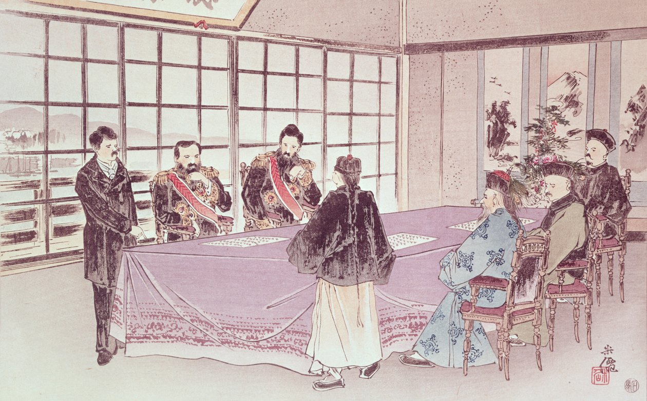 Os ministros japoneses I-Tso e Mou-Tsou discutem com o enviado chinês Ri-Ko-Sho as condições da trégua de Shimonoseki, 16 de abril de 1895 de Chinese School