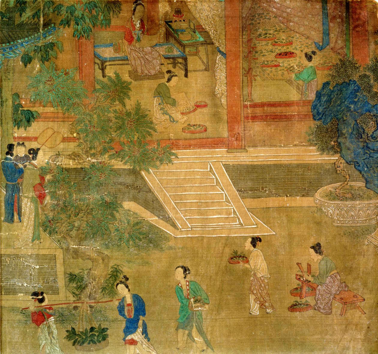 Mulheres colhendo folhas, 1500 (seda pintada) de Chinese School