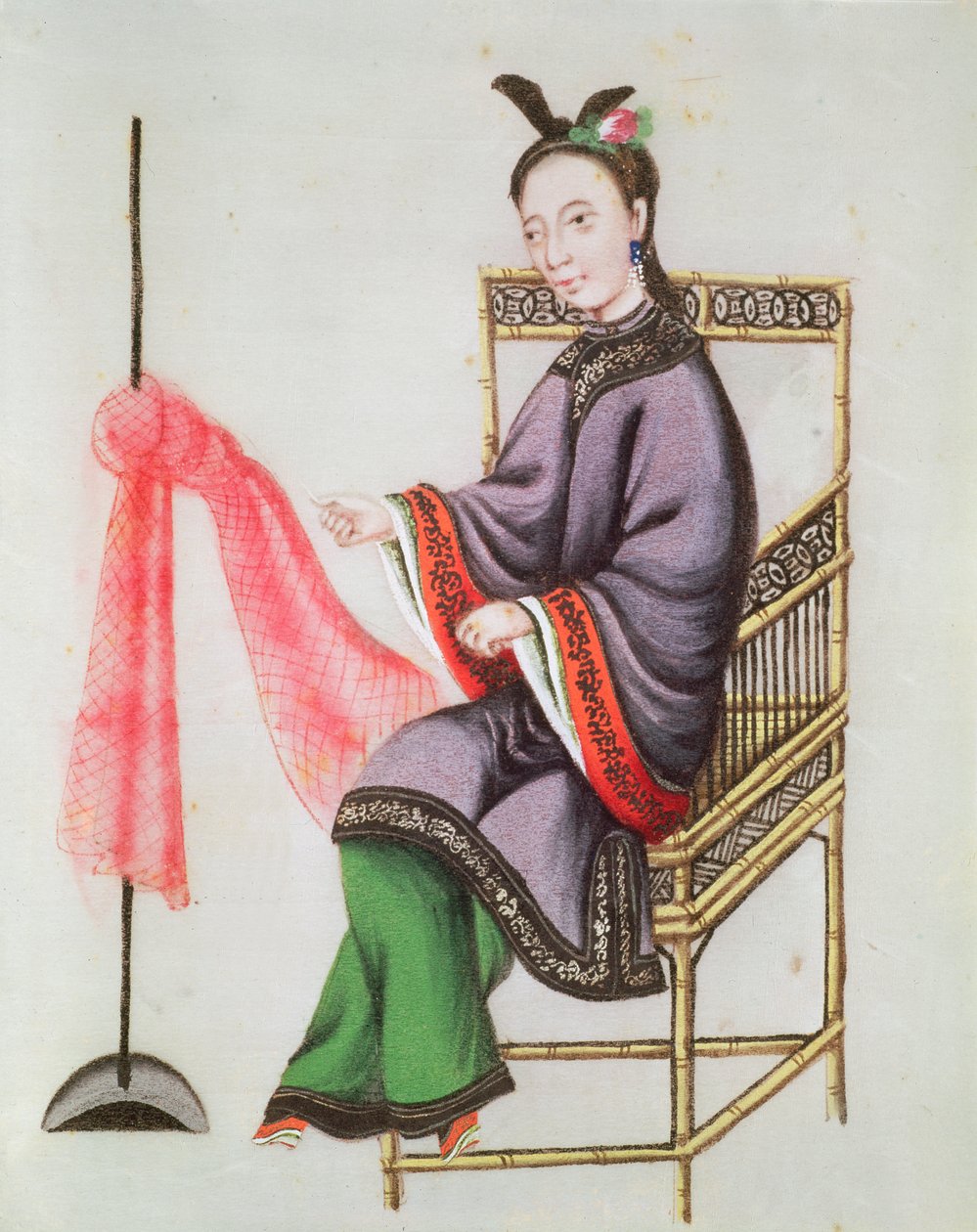 Uma mulher chinesa fazendo uma rede de pesca, Qianlong período (1736-96) (guache sobre papel) de Chinese School