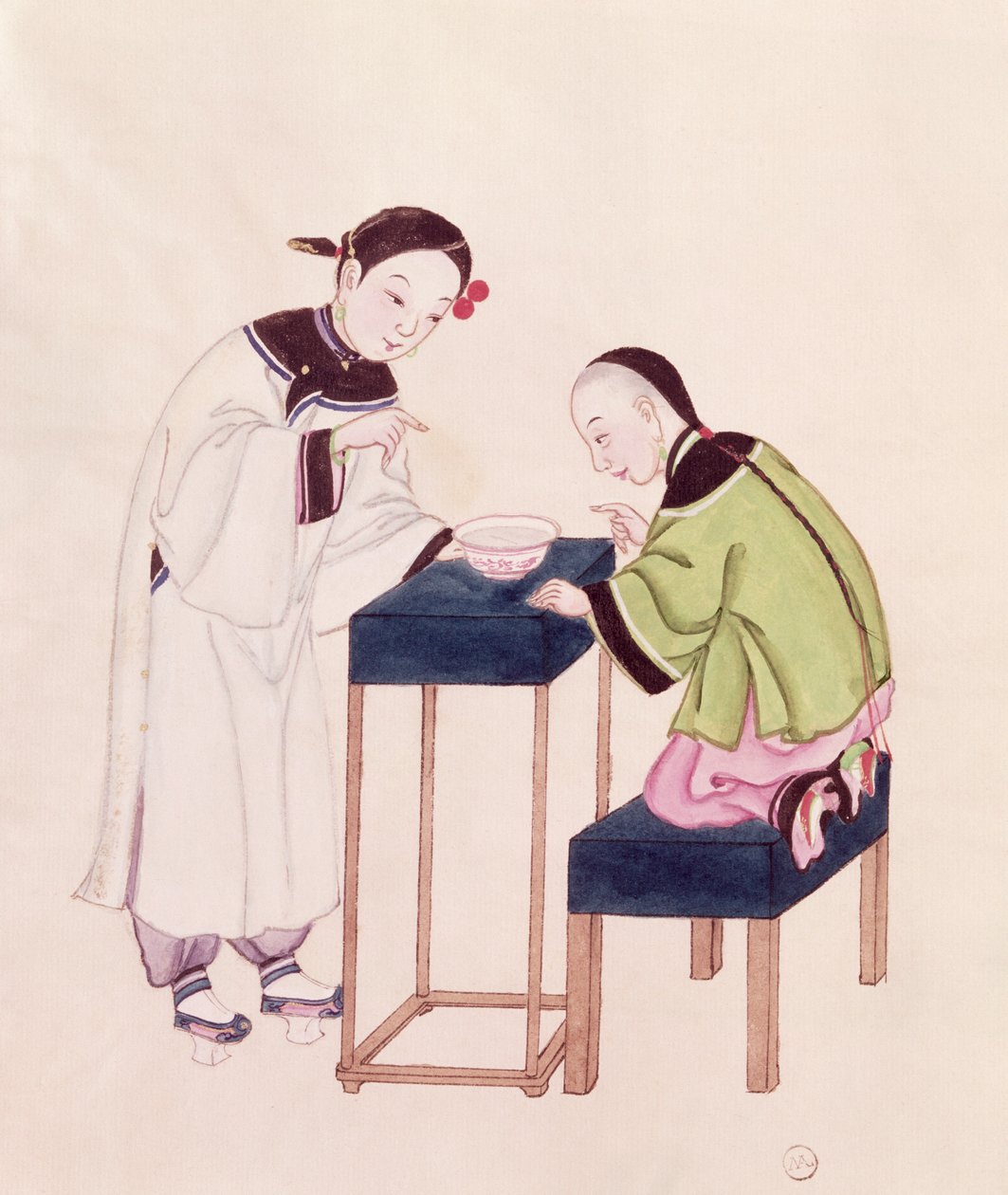 Uma menina à procura de sorte em uma tigela de água (wc no papel) de Chinese School