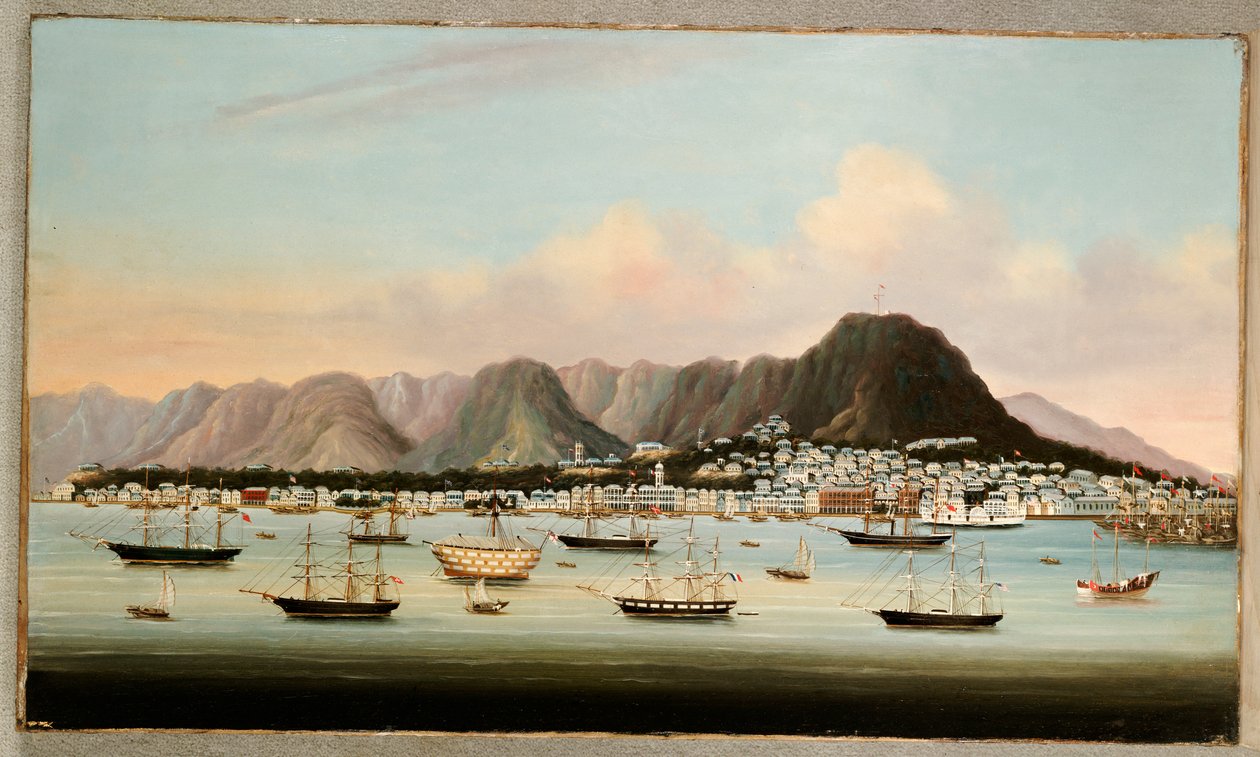 Uma vista de Victoria, Hong Kong, com o Hulk HMS Princess Charlotte e transporte americano, britânico e francês, c.1862 de Chinese School