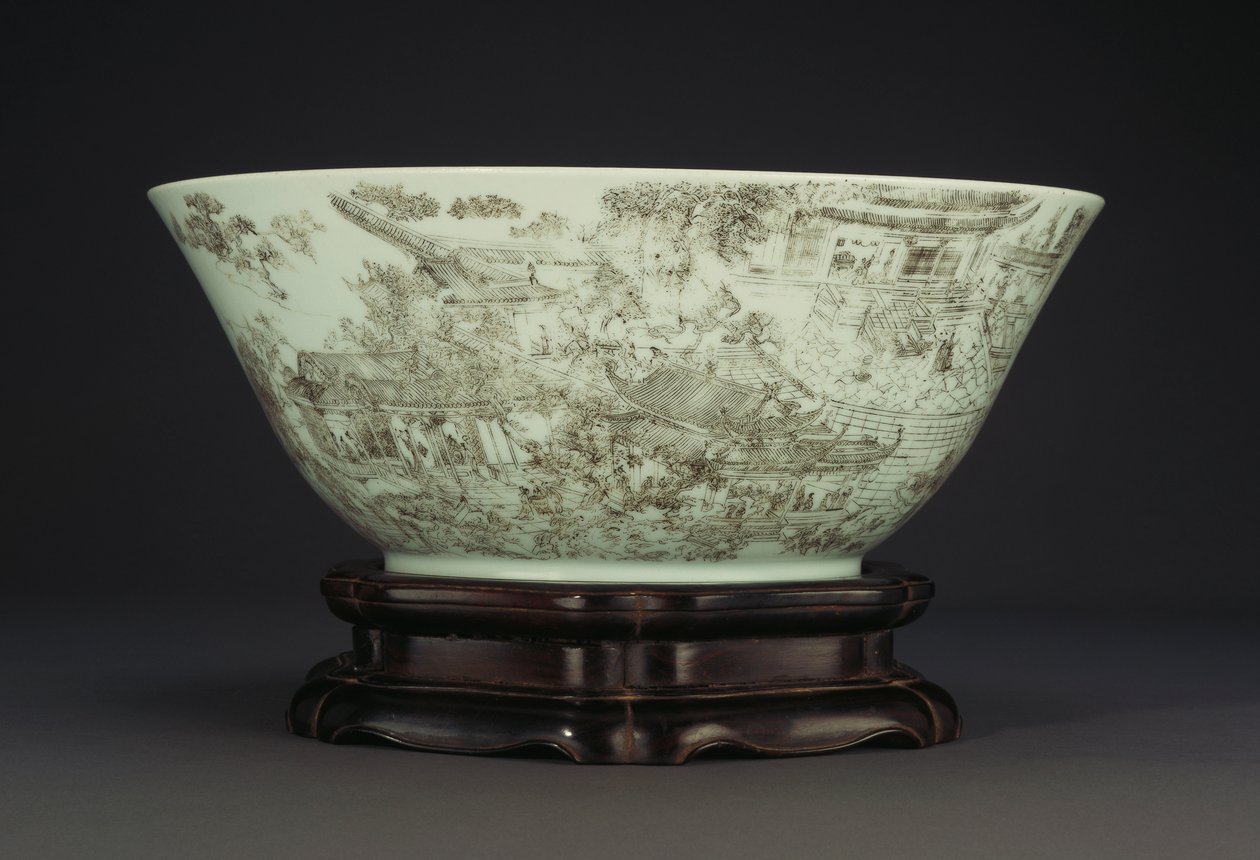 Uma grande tigela de porcelana incisa representando uma cena contínua de mulheres nos jardins do palácio, 1796-1820 de Chinese School