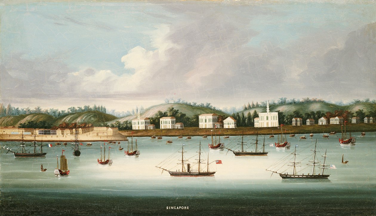 Uma vista de Cingapura das estradas com transporte americano, francês e britânico, c.1850 de Chinese School