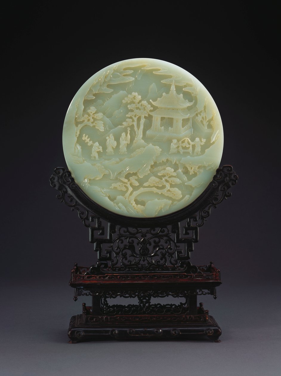 Uma tela de mesa circular de jade branco mostrando estudiosos se aproximando de um pavilhão de Chinese School