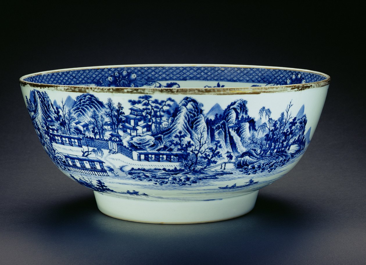 Bacia azul e branca decorada com uma cena que mostra a fabricação de porcelana (porcelana) (ver 208012) de Chinese School