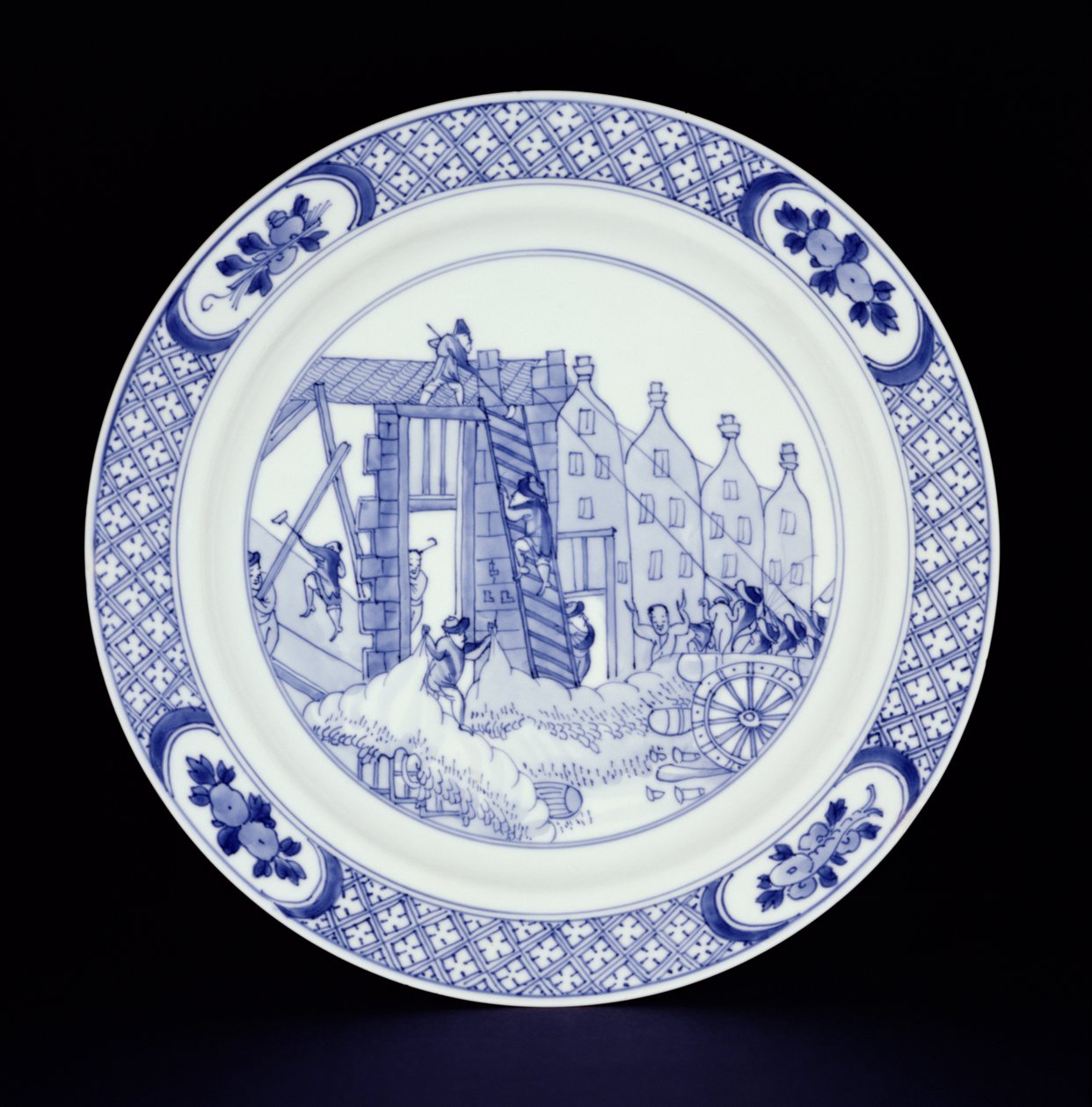 Placa azul e branca, representando os motins de Roterdão (porcelana) de Chinese School
