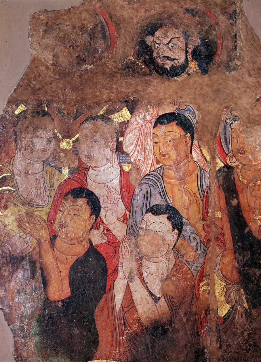 Budismo : "Grupo de monges e Bodissatvas" (ou bodhisatta) Fragmento de um fresco do século VIII do mosteiro chinês de Shiksha. Dim. 144x101 cm Museu Hermitage, São Petersburgo de Chinese School