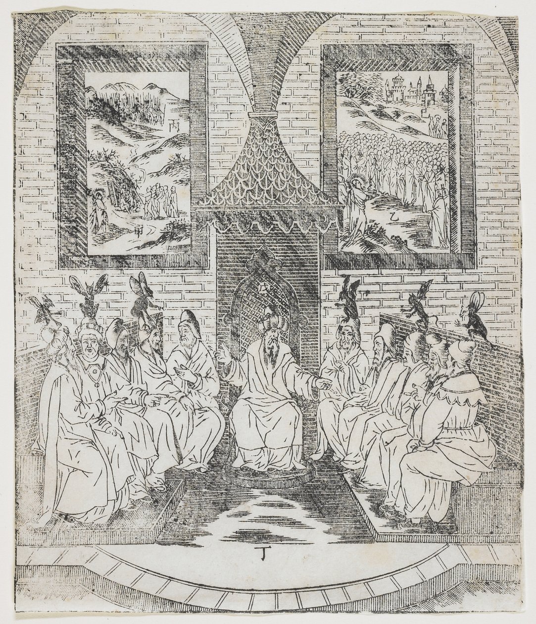Caifás e o Conselho de Anciãos, prato de Giulio Alenis Tianzhu jiangsheng zhuxiang jingjie (Uma História Ilustrada do Senhor do Céu que se tornou Encarnado na Carne), Igreja Jinjiang, Fuji de Chinese School