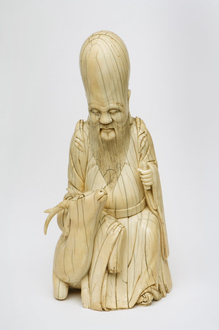 Figura esculpida em marfim de Shou Xing sentado com veados, c.1580-1644 de Chinese School