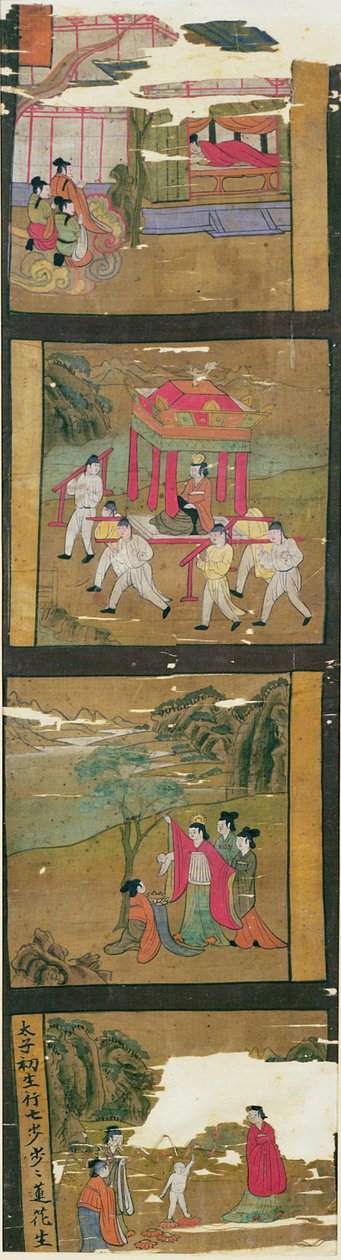 Ch.Lv.0010 Cenas da Vida de Budas, Tunhuang, séc. VII-VIII, (pintura sobre estandarte de seda) de Chinese School