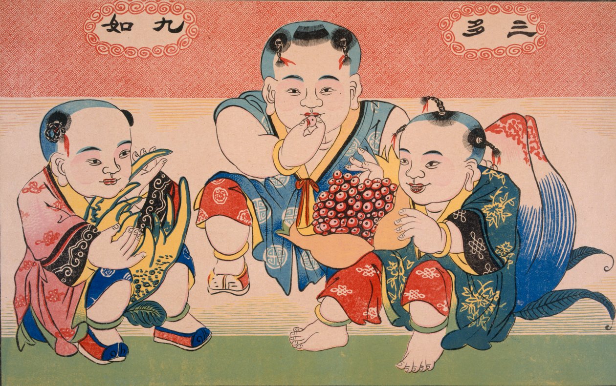 Crianças, comer, fruta, woodblock, impressão de Chinese School