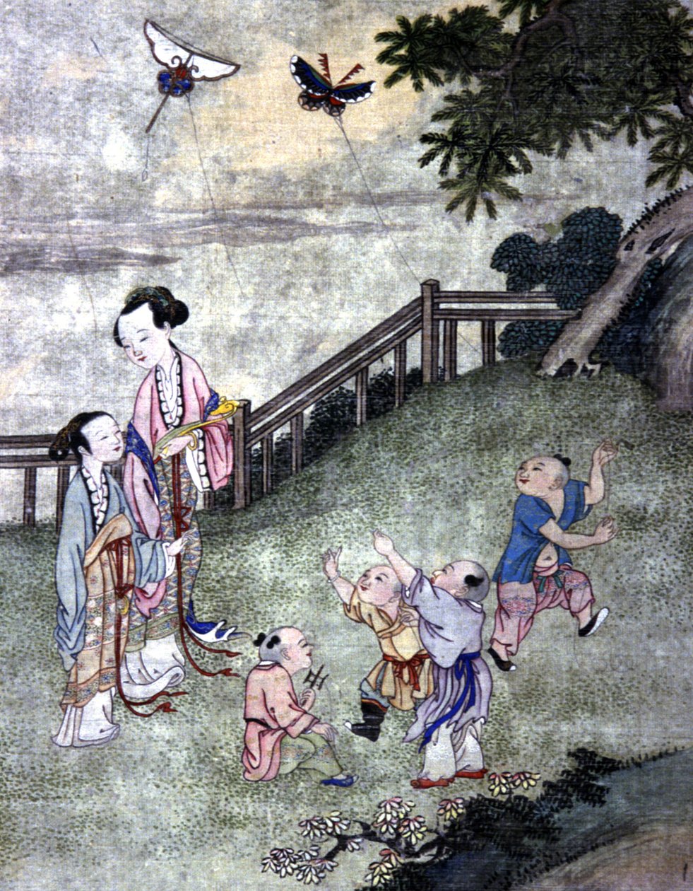Crianças a brincar aos papagaios, meados do século XIX (gravura) de Chinese School