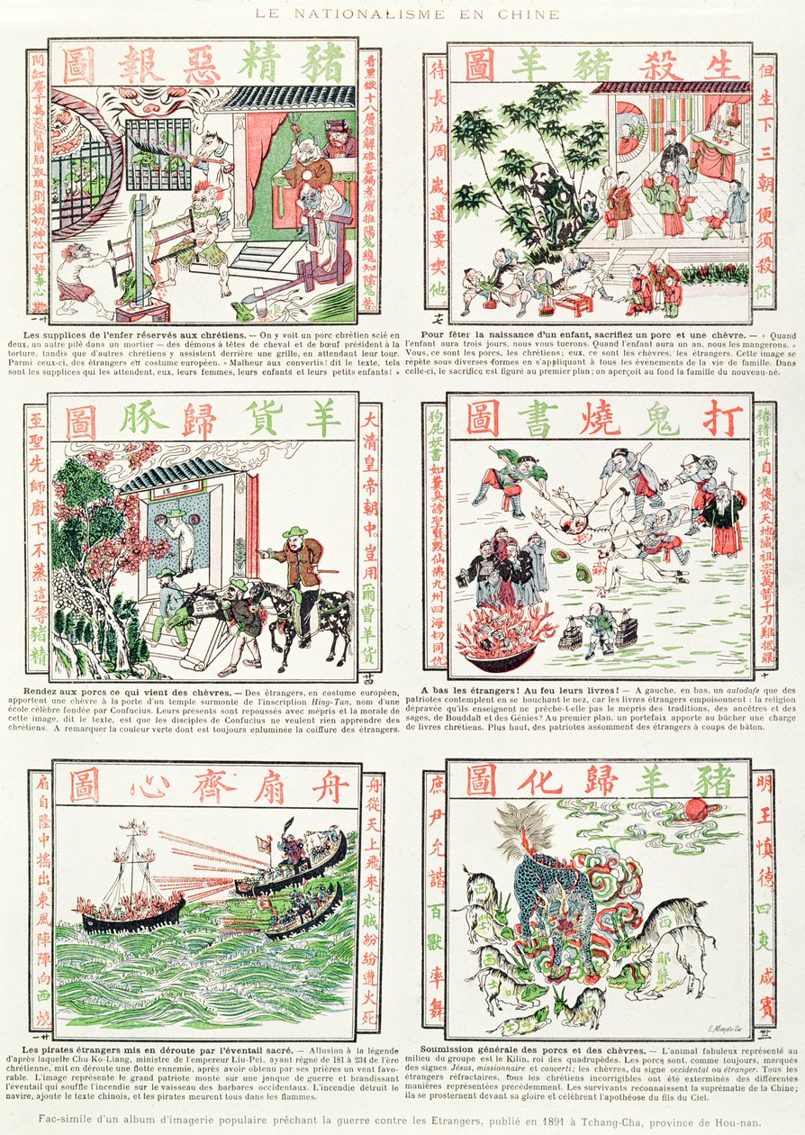 Imagens nacionalistas e anti-européias chinesas, de um fac-símile álbum de imagens populares pregando a guerra contra estrangeiros, 1891 de Chinese School