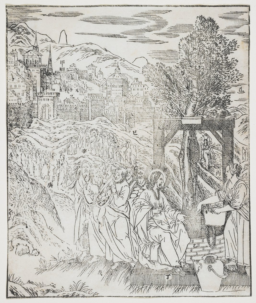 Cristo no Poço, placa de Giulio Alenis Tianzhu jiangsheng zhuxiang jingjie (Uma História Ilustrada do Senhor do Céu que se tornou Encarnado na Carne), Igreja Jinjiang, Província de Fujian, Chi de Chinese School