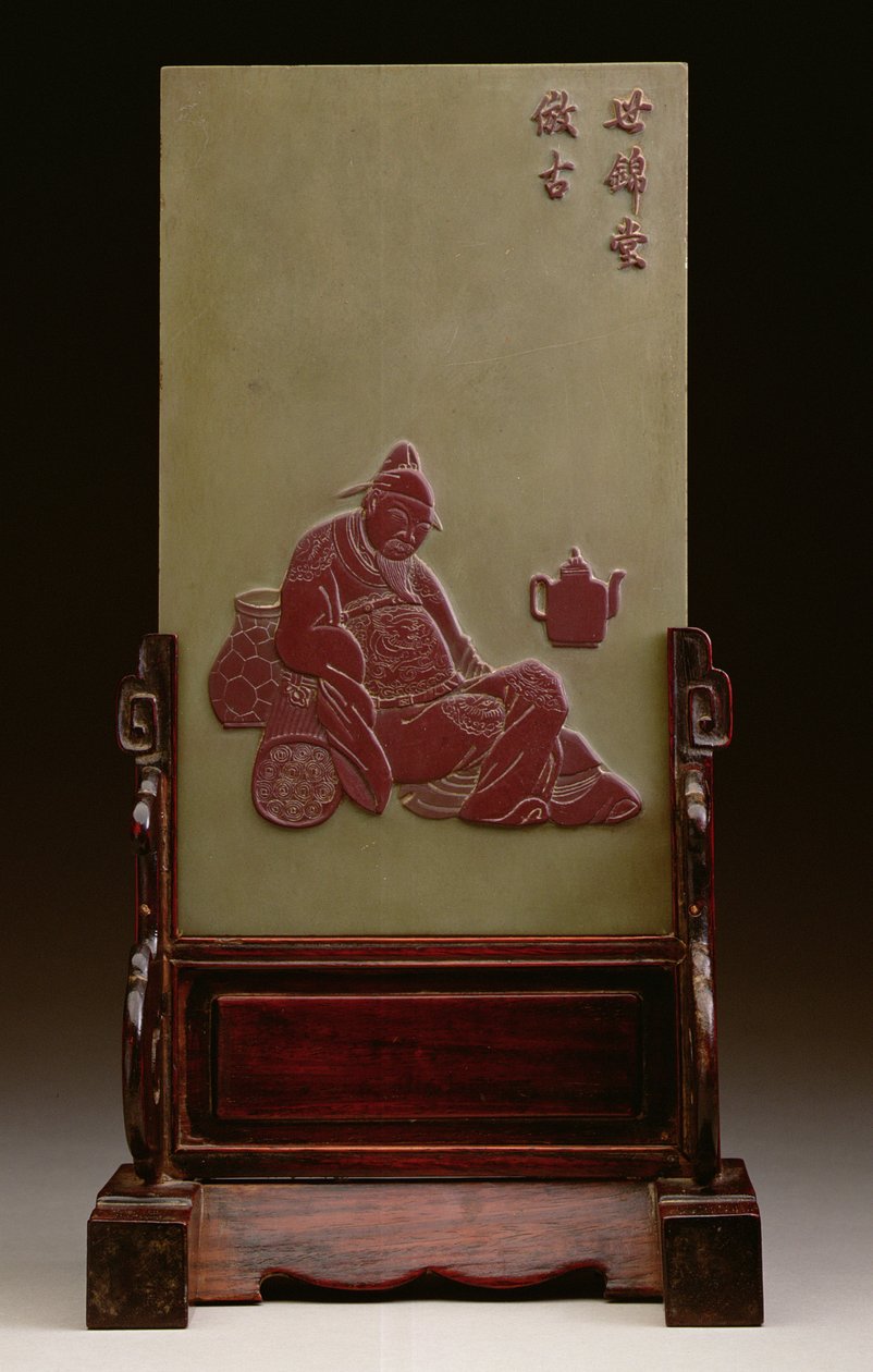 Tela de mesa representando um estudioso bêbado, provavelmente Tao Yuan-ming, dinastia Ching antiga (esculpida em pedra de ardósia sung-hua em dois tons) de Chinese School