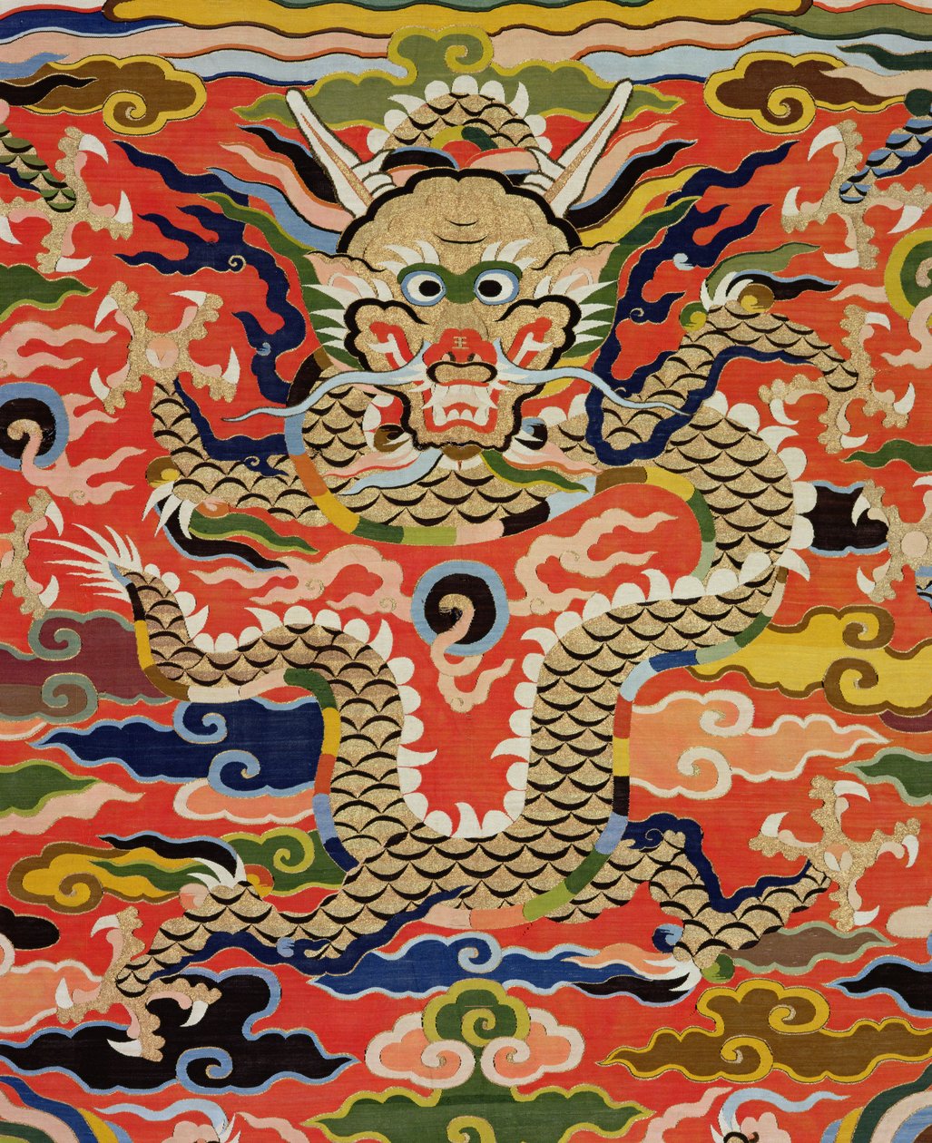 Detalhe de tecido representando um Kossu de cinco dragões, período Wanli, 1573-1619 (seda) (ver 206710) de Chinese School