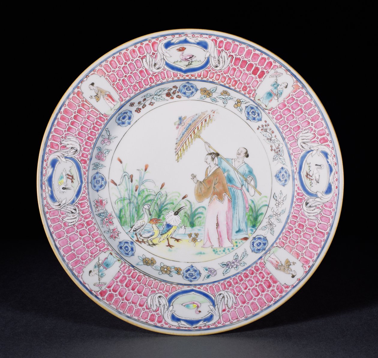 Prato de jantar pintado em Famille Rose retratando La Dame au Parason, após um projeto de Cornelis Pronk (1691-1759) período Qianlong (1736-95) c.1734 (porcelana) de Chinese School