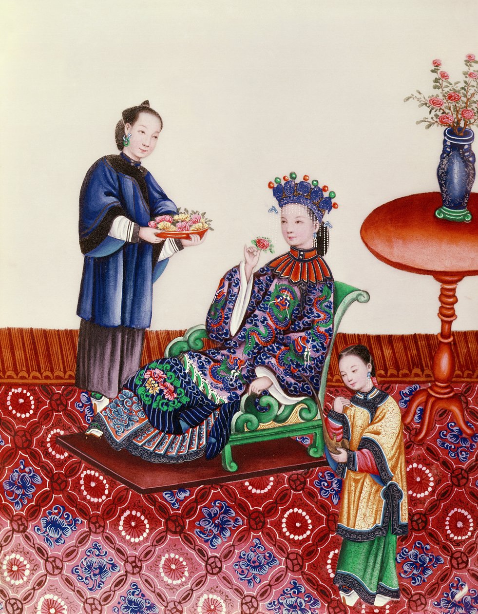Elegante senhora chinesa cheirando uma flor (guache) de Chinese School