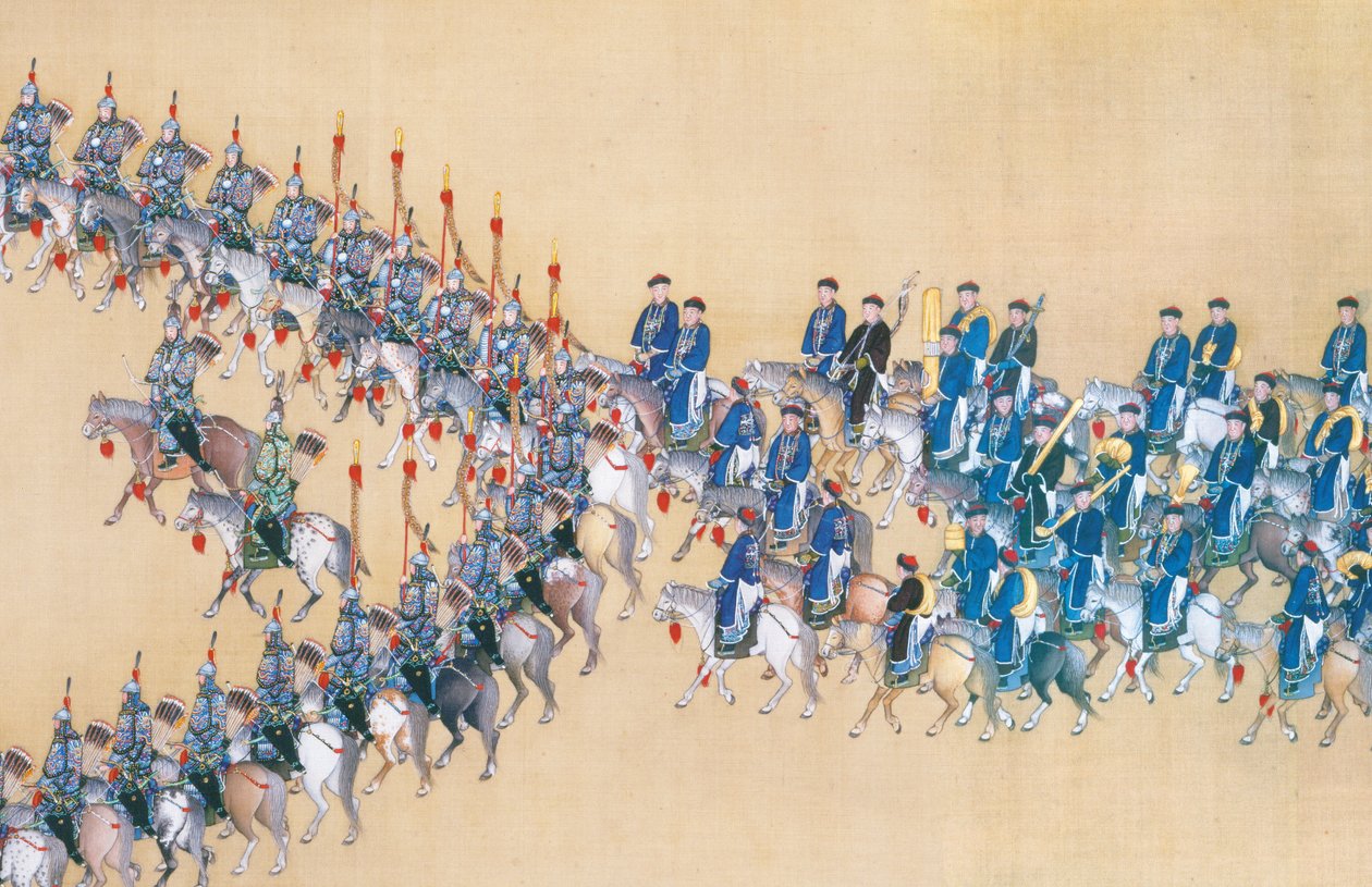 Revisão do imperador Qianlong sobre o grande desfile de tropas, corridas de mãos de Chinese School